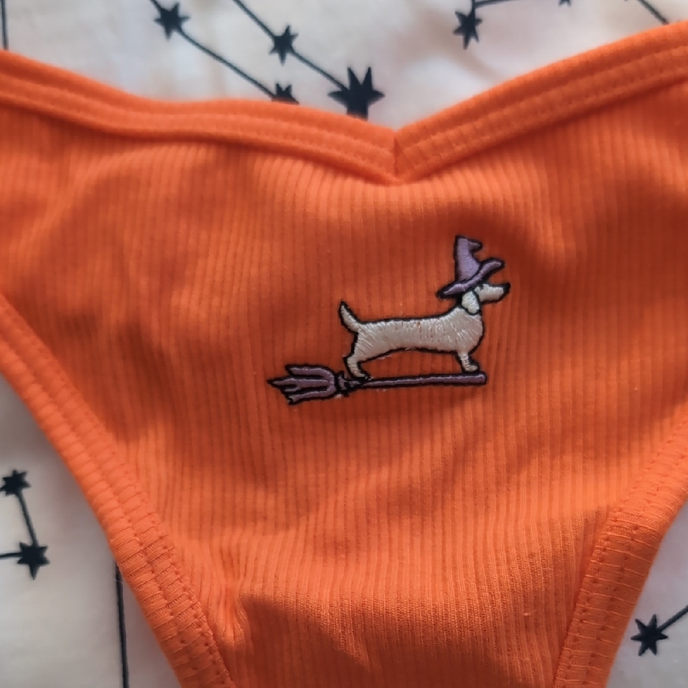 Victoria's Secret - Orange Ribbed Thong with Embroidered Haloween Dog